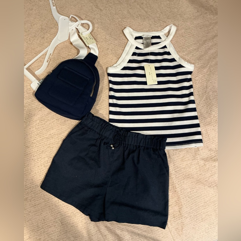 Striped Tank Top and Navy Shorts Set with Navy cross body bag. - Picture 3 of 6